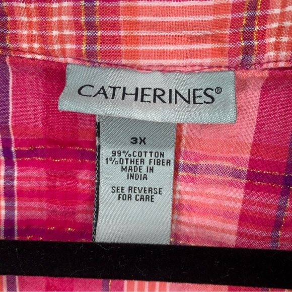 Catherine’s Womens 3X Popover Blouse Top Pink Plaid Roll Tab Sleeves Sequins - Picture 2 of 9